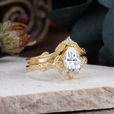 Nature-Inspired 3-Prong Tear-Cut Moissanite Engagement Ring Set